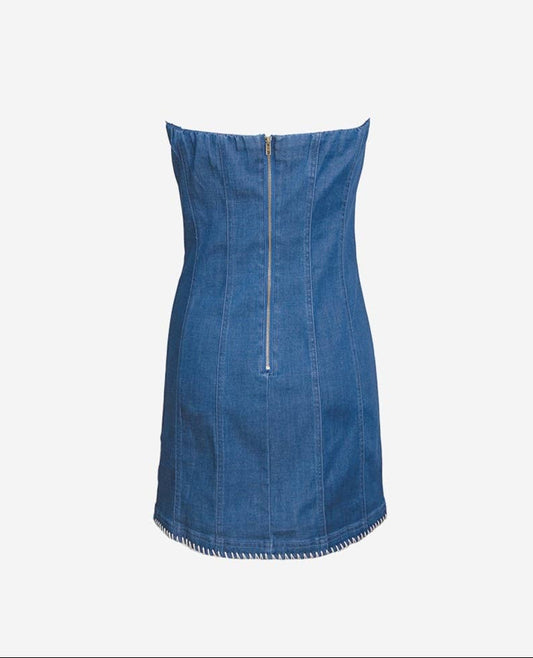 STRAPLESS MINI DENIM DRESS WITH WHIPSTITCHING