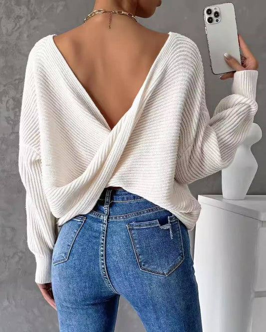Twist Back Knit Sweater - White - MaeSor Boutique