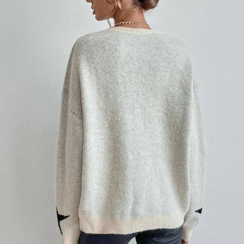 Round Neck Star Jacquard Pullover Sweater - - MaeSor Boutique