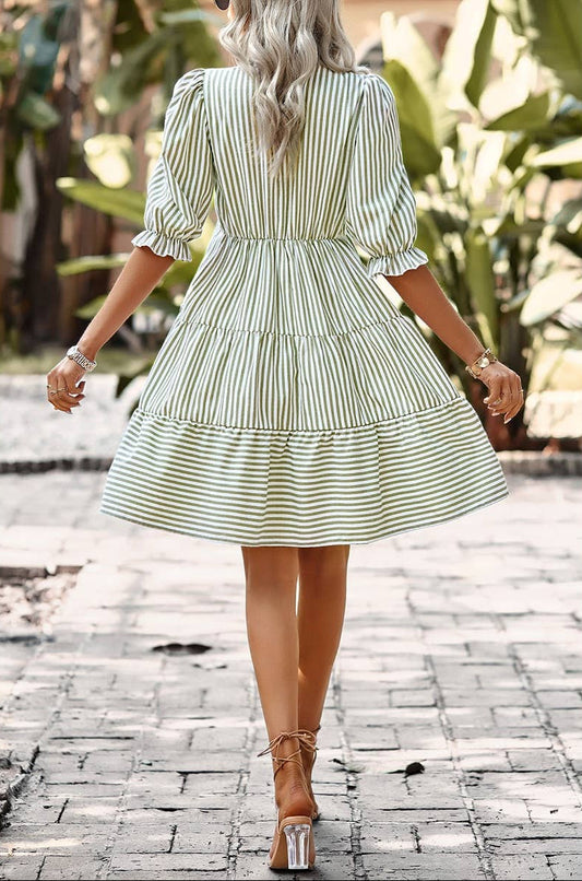 Stripe V Neck Button Puff Sleeves High Waist Dress - - MaeSor Boutique