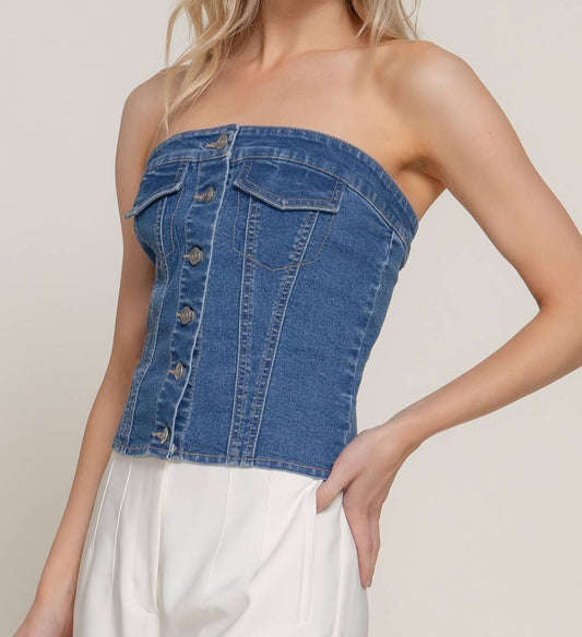 BUTTON DOWN PLACKET STRETCH DENIM TUBE TOP