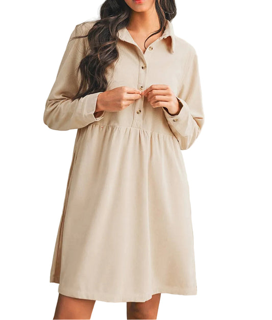 Corduroy Half Button Collared Long Sleeve Mini Dress - Cream - MaeSor Boutique
