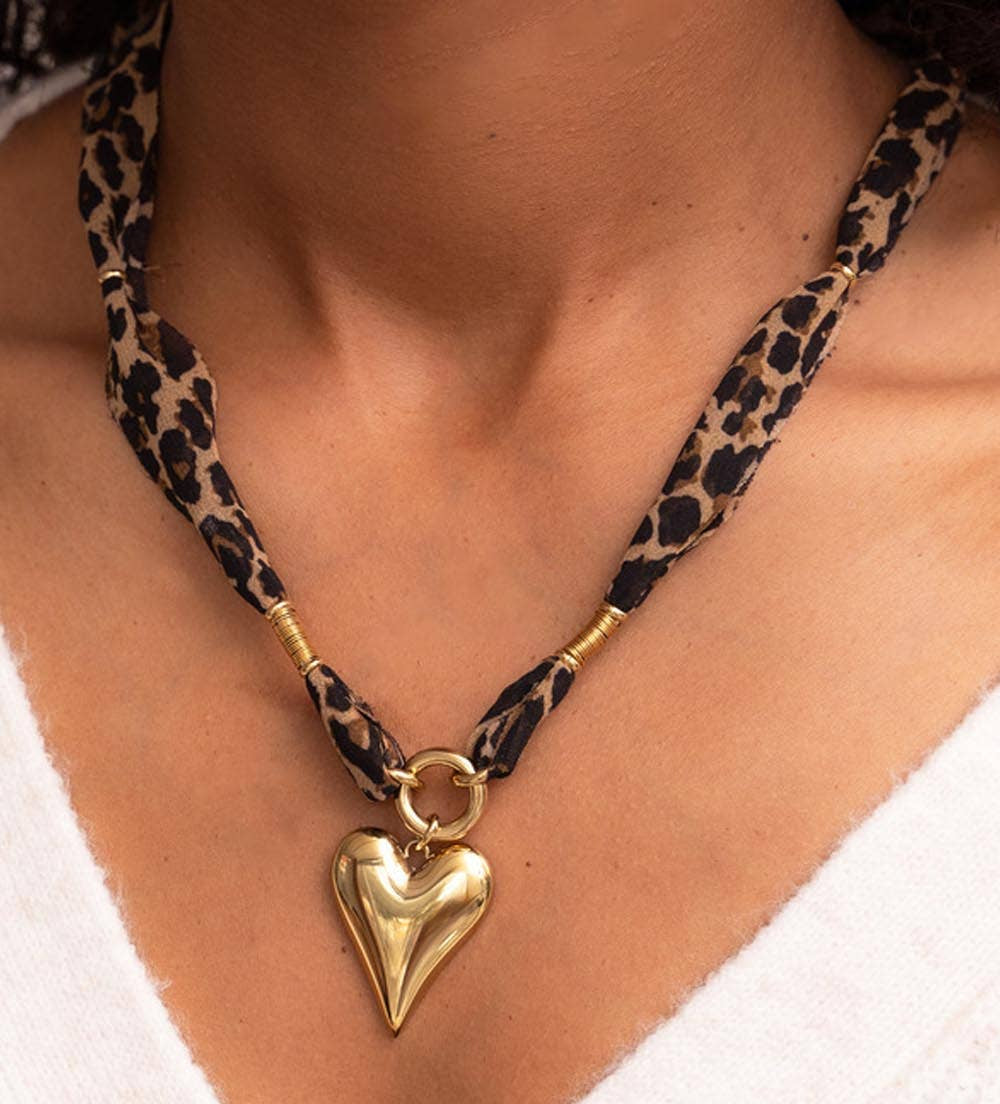 Trendy Heart Pendant Leopard Scarf Necklace - - MaeSor Boutique