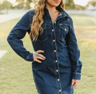 Western Pearl Snap Denim Dress - Blue - MaeSor Boutique