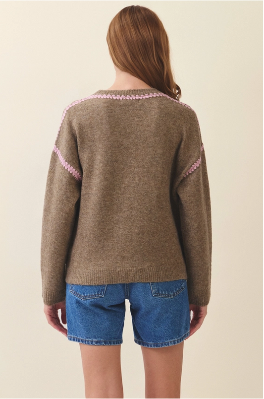 Mocha Blush Contrast Stitch Knit Sweater - - MaeSor Boutique