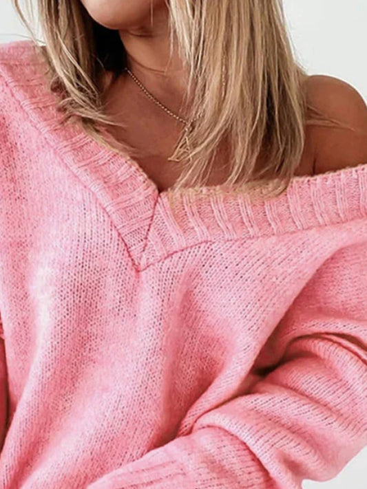 CASUAL LOOSE SOLID-COLOR V-NECK PULLOVER SWEATER