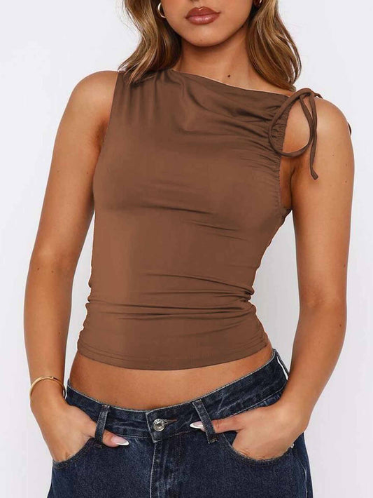 Slant Collar Drawstring Tied Short Top - Brown - MaeSor Boutique