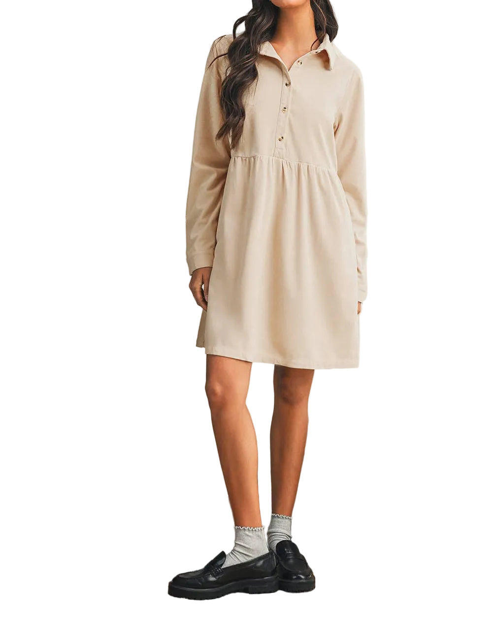 Corduroy Half Button Collared Long Sleeve Mini Dress - - MaeSor Boutique