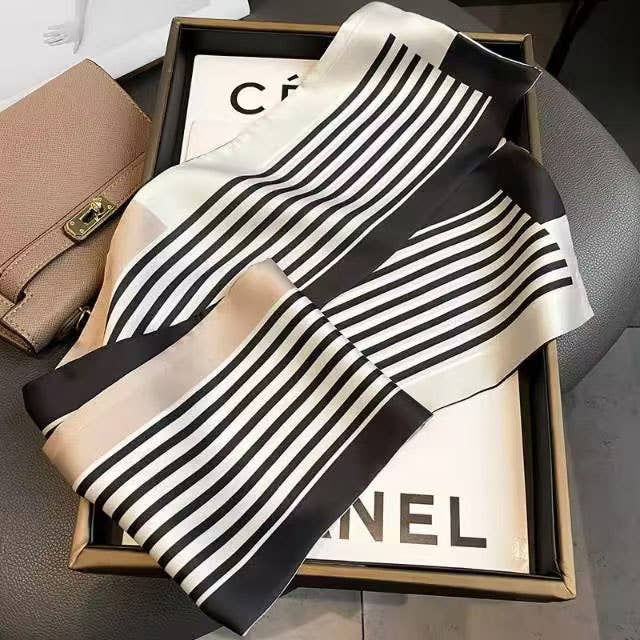 Stripe Border Panel Pattern Silky Bandana Square Neck Scarf