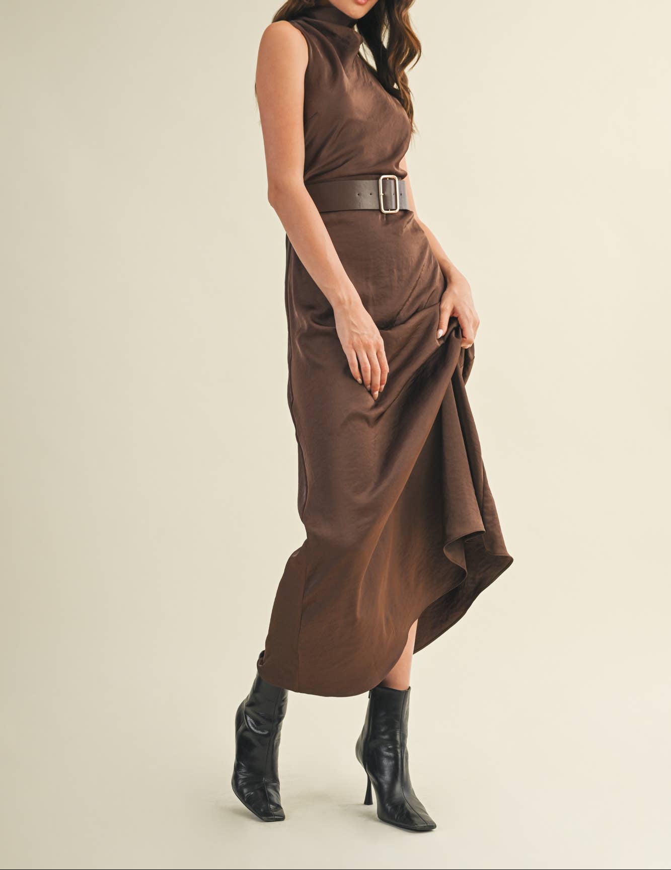 Flowy High Neck Belted Sleeveless Dress - - MaeSor Boutique