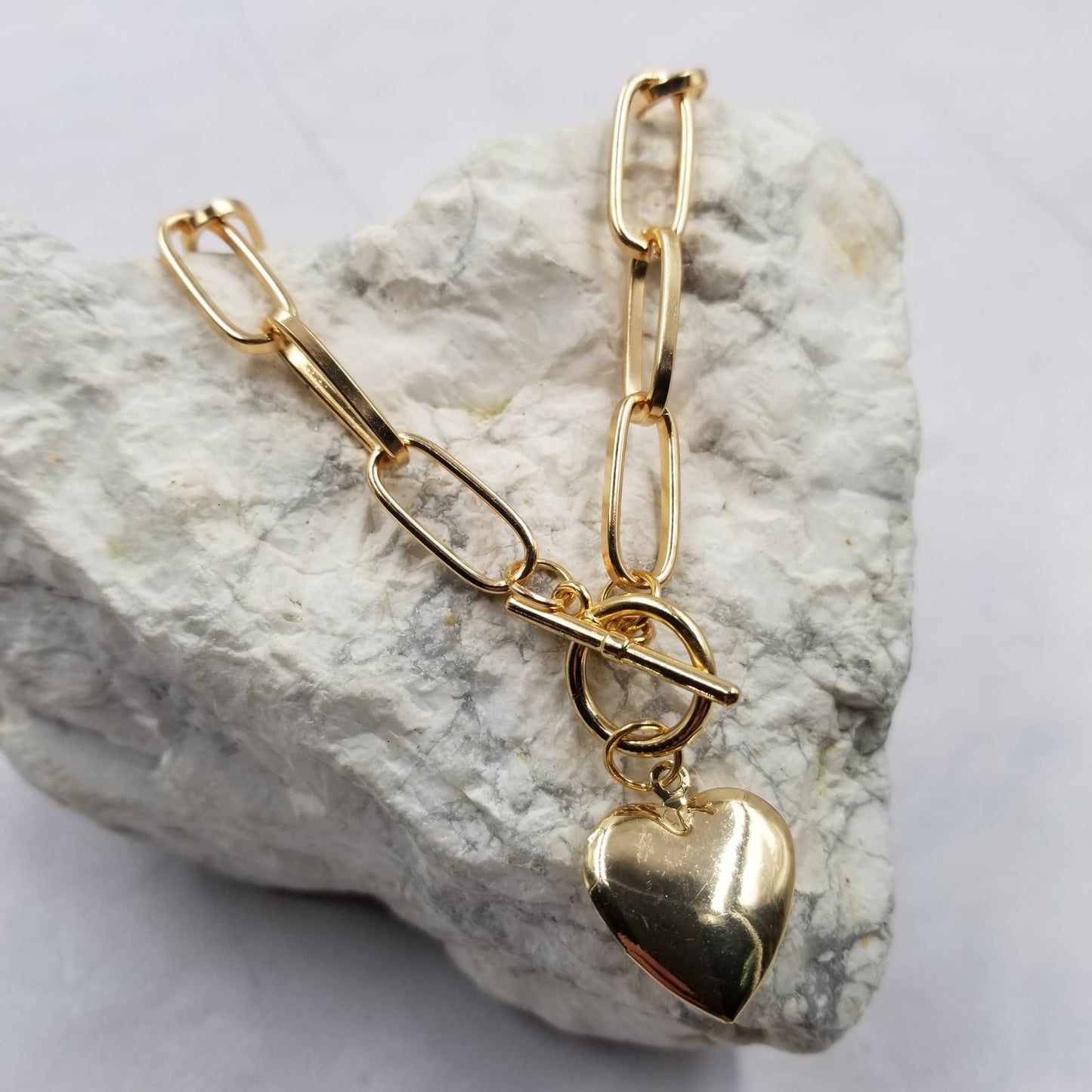 Gold Paper Clip Chain Heart Necklace With Toggle Clasp - - MaeSor Boutique