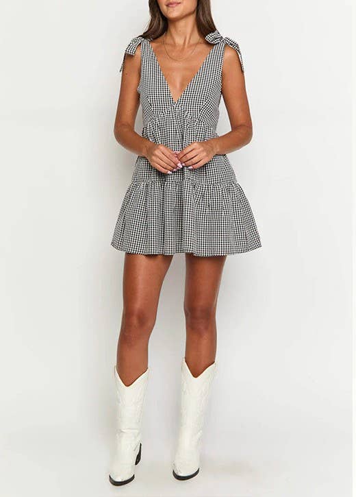 V-NECK VEST LACE-UP CASUAL A-LINE SHORT DRESS