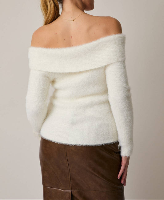 Off Shoulder Long Sleeve Twister Detail Fuzzy Sweater Top - - MaeSor Boutique