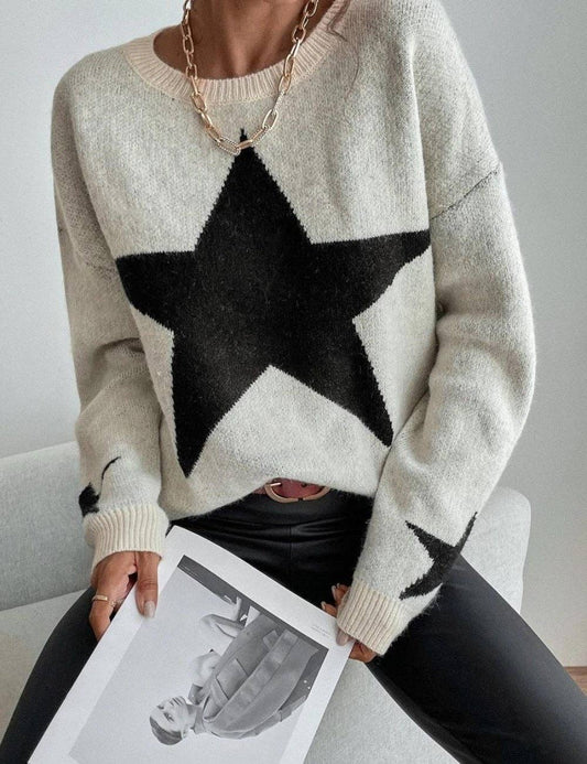 Round Neck Star Jacquard Pullover Sweater - - MaeSor Boutique