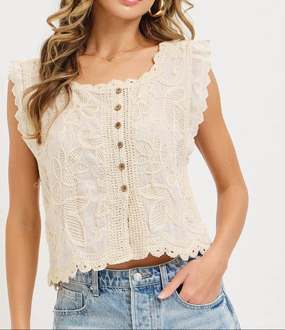 Floral Embroidery Crochet Cotton Gauze Sleeveless Top
