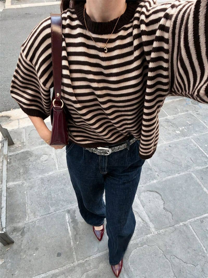 Très Chic Striped 3/4 Sleeve Relaxed Knit Sweater - - MaeSor Boutique