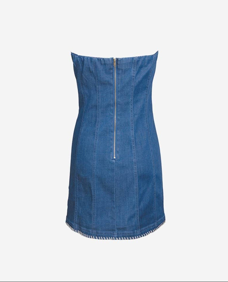 STRAPLESS MINI DENIM DRESS WITH WHIPSTITCHING