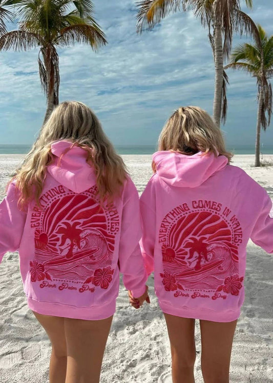 Surf & Waves Palm Trees Embroidered Fleece Oversized Hoodie - - MaeSor Boutique