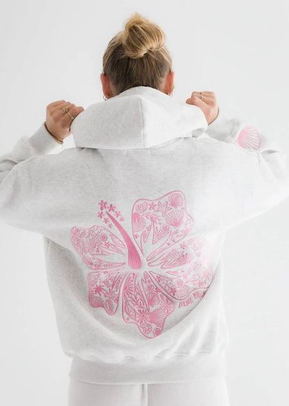 Tropical Hibiscus Floral Embroidered Fleece Oversized Hoodie - - MaeSor Boutique