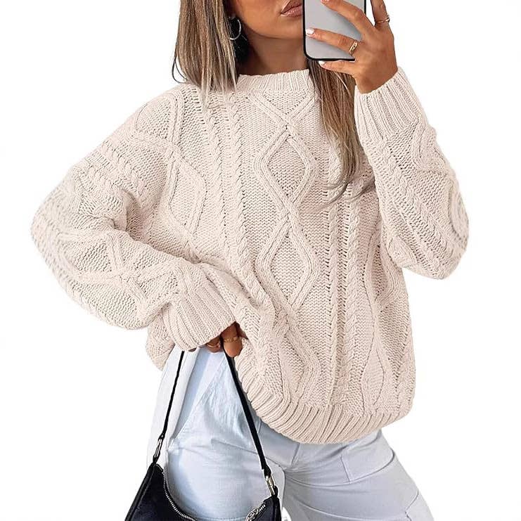 WOMEN CABLE KNIT SWEATER LOOSE FIT CHUNKY FALL PULLOVER