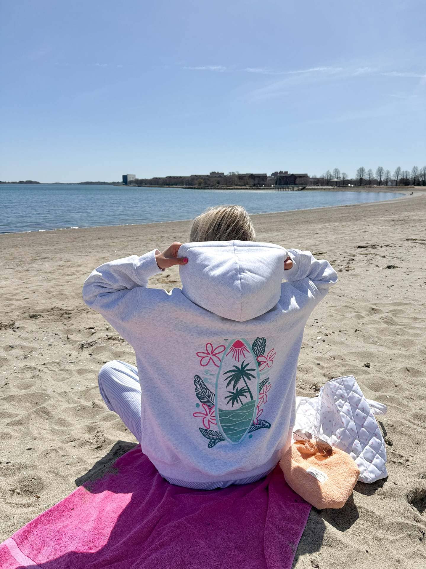 Surfboard & sunset Embroidered Fleece Oversized Hoodie - - MaeSor Boutique