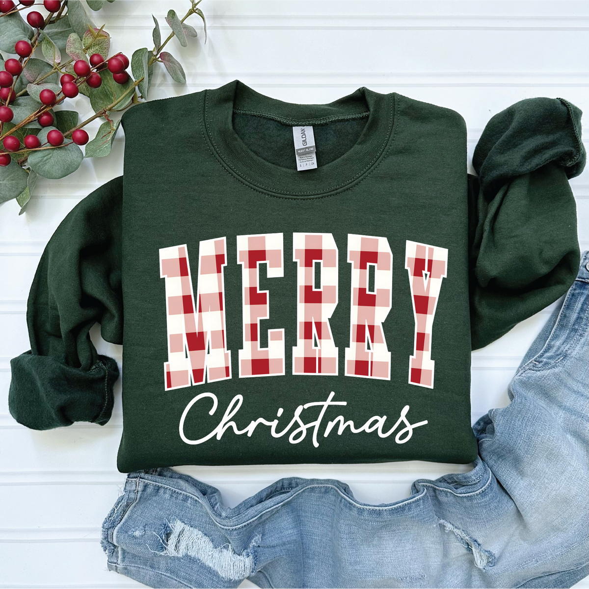 Merry & Bright Plaid Christmas Graphic Sweatshirt - - MaeSor Boutique