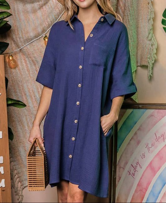 Short Sleeve Button Down Shirt Dress - - MaeSor Boutique