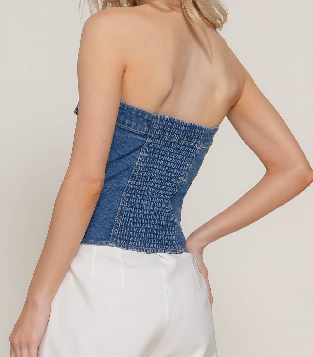 BUTTON DOWN PLACKET STRETCH DENIM TUBE TOP