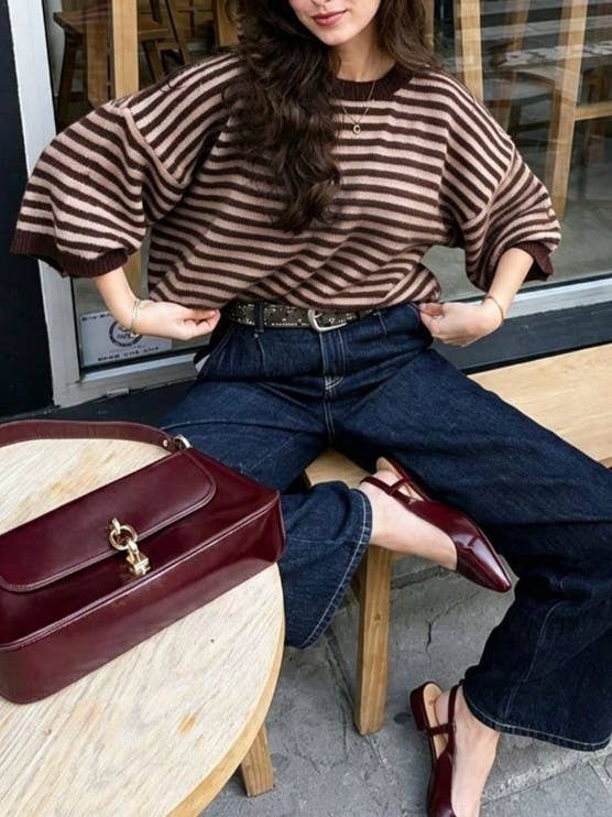 Très Chic Striped 3/4 Sleeve Relaxed Knit Sweater - - MaeSor Boutique