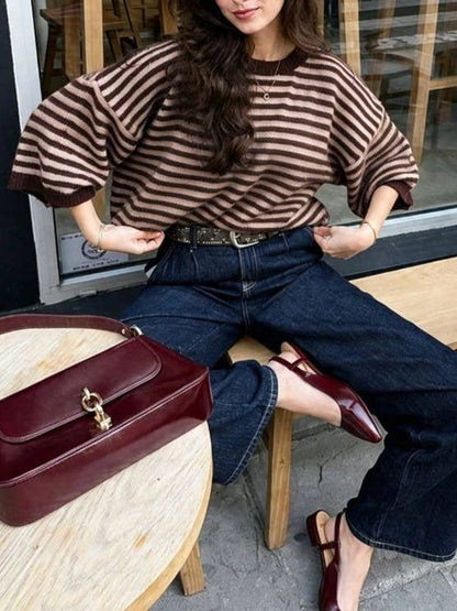 Très Chic Striped 3/4 Sleeve Relaxed Knit Sweater - - MaeSor Boutique