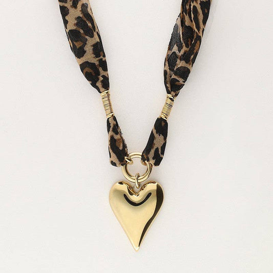 Trendy Heart Pendant Leopard Scarf Necklace - Gold - MaeSor Boutique