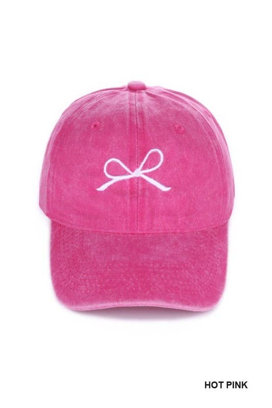 Coquette Ribbon Bow Embroidery Washed Hat - HOT PINK - MaeSor Boutique