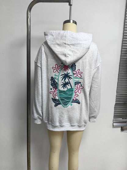 Surfboard & sunset Embroidered Fleece Oversized Hoodie - - MaeSor Boutique