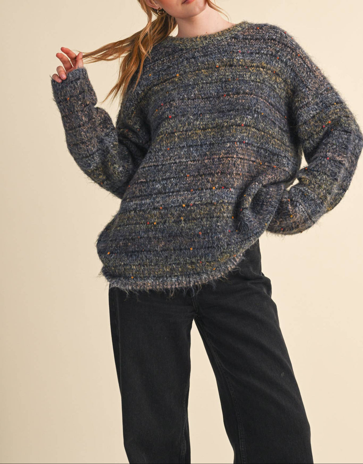 Speckled Knit Striped Sweater Pullover - MIDNIGHT NAVY MULTI - MaeSor Boutique