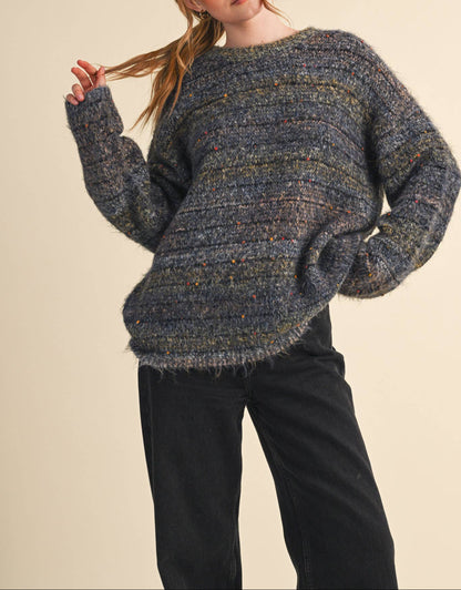 Speckled Knit Striped Sweater Pullover - MIDNIGHT NAVY MULTI - MaeSor Boutique