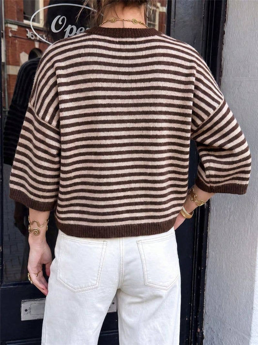 Très Chic Striped 3/4 Sleeve Relaxed Knit Sweater - - MaeSor Boutique