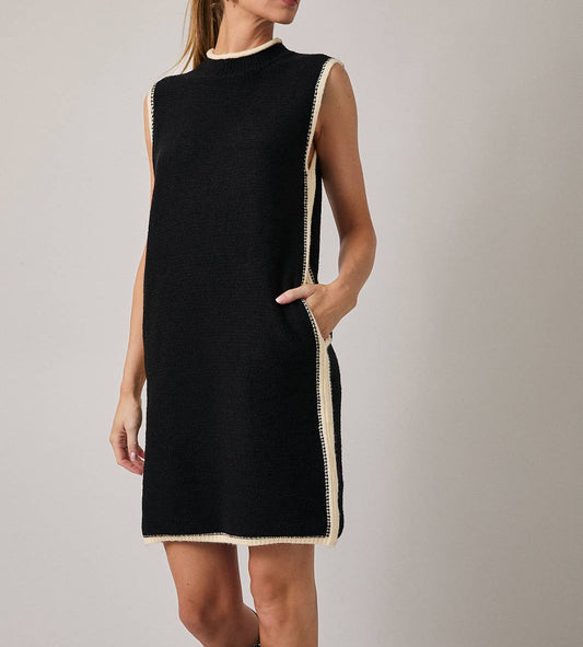 Mock Neck Sleeveless Sweater Dress - Black-Cream - MaeSor Boutique