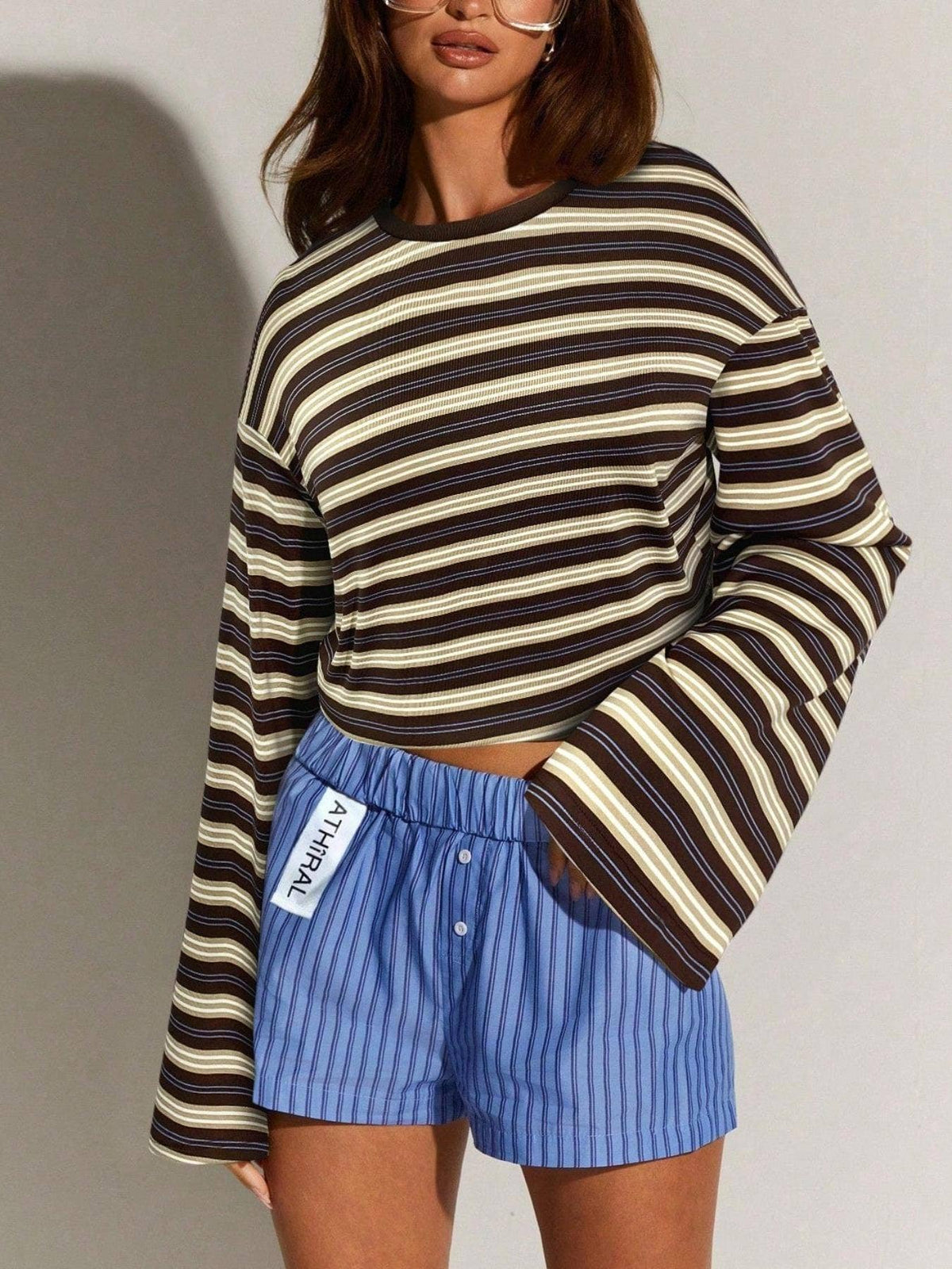 Stripe Hype Oversized Striped Long Sleeve Crew Neck T-Shirt - - MaeSor Boutique