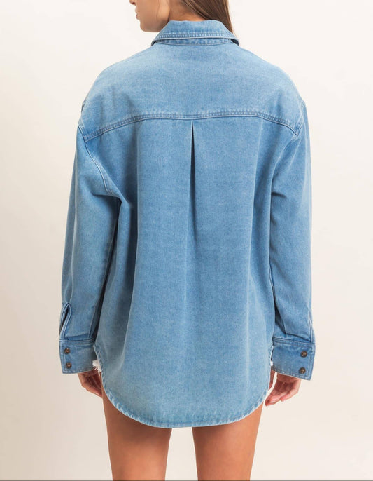 Women's Classic Denim Button-Up Collar Shirt - - MaeSor Boutique