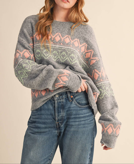 Geometric Knit Pullover Sweater - GREY MULTI - MaeSor Boutique