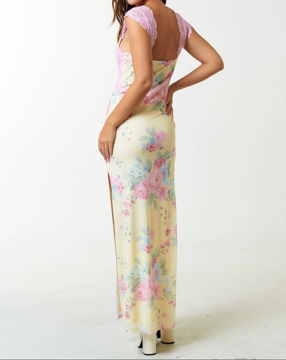 MESH FLORAL PRINT LACE DETAIL SIDE SLIT MAXI DRESS
