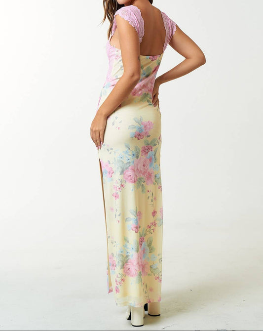 Mesh Floral Print Lace Detail Side Slit Maxi Dress - - MaeSor Boutique