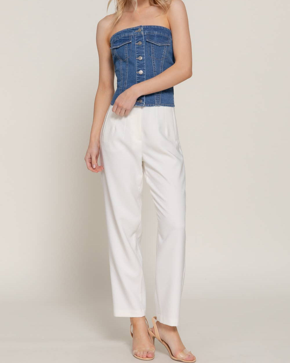 BUTTON DOWN PLACKET STRETCH DENIM TUBE TOP
