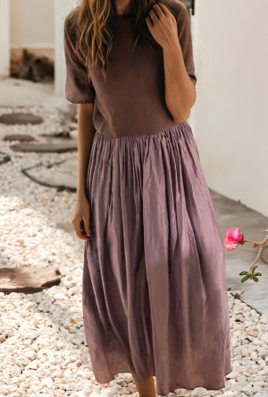 Short Sleeve Knit Top Patchwork Pleated Long Dress - - MaeSor Boutique