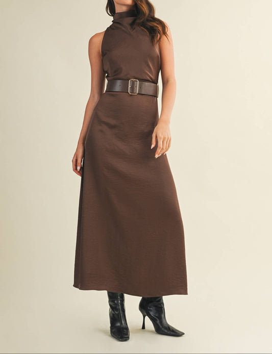 Flowy High Neck Belted Sleeveless Dress - Dark Brown - MaeSor Boutique
