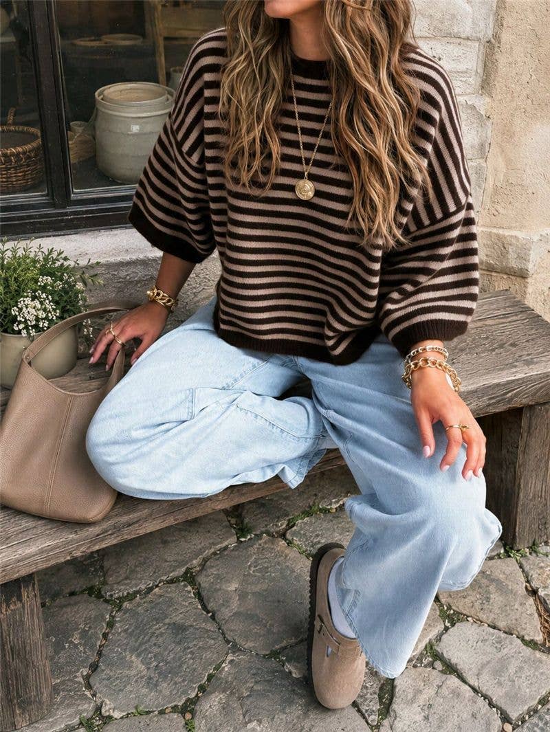 Très Chic Striped 3/4 Sleeve Relaxed Knit Sweater - - MaeSor Boutique