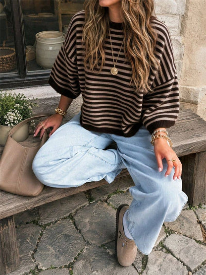 Très Chic Striped 3/4 Sleeve Relaxed Knit Sweater - - MaeSor Boutique
