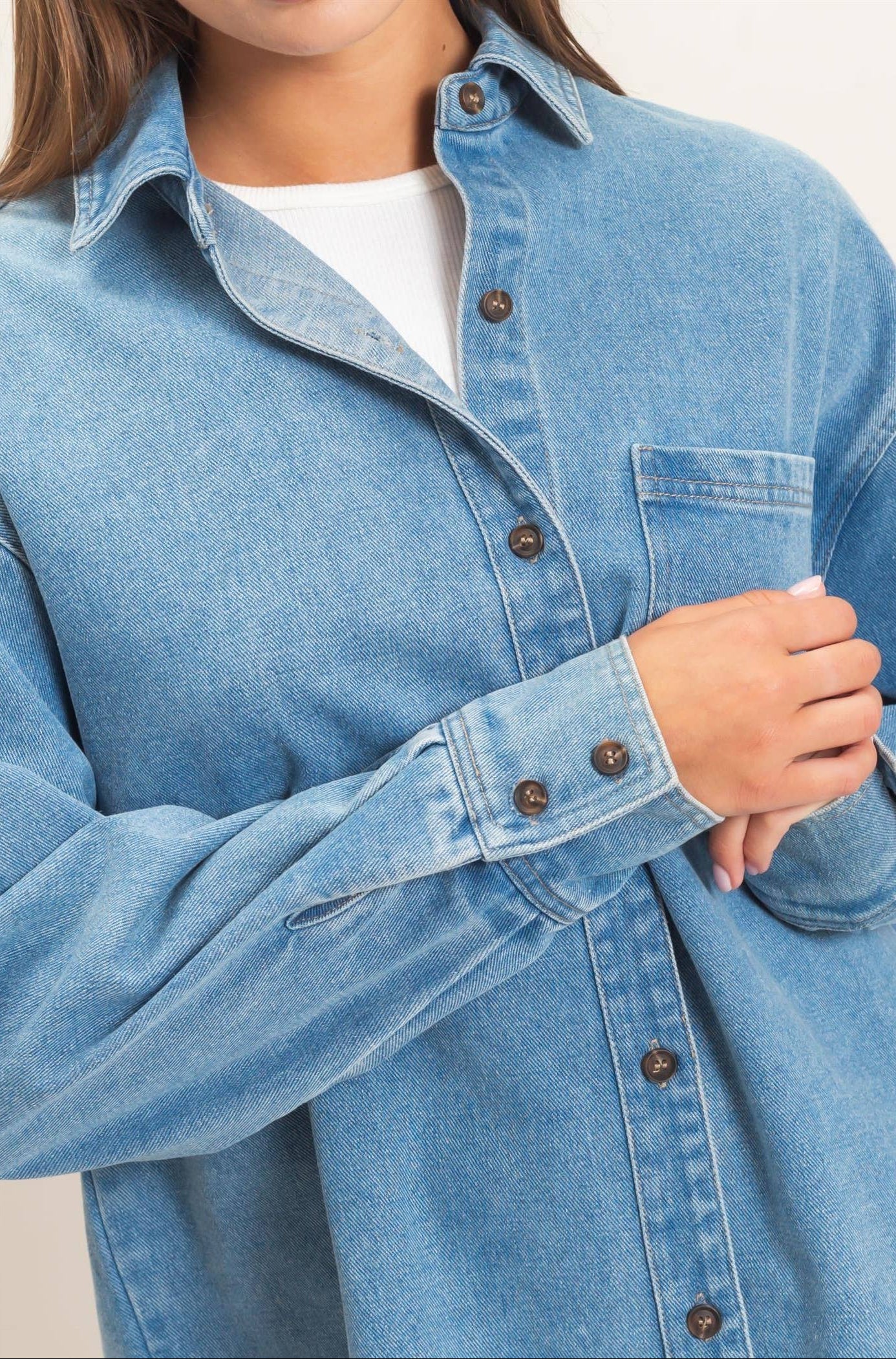 Women's Classic Denim Button-Up Collar Shirt - - MaeSor Boutique
