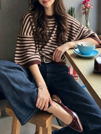 Très Chic Striped 3/4 Sleeve Relaxed Knit Sweater - - MaeSor Boutique