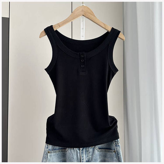 Buttoned Up & Pretty Black Ribbed Round Neck Tank Top - Black - MaeSor Boutique